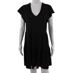 Monrow Women Shift T-Shirt Dress Black V-Neck Short Sleeve Cotton Size L
